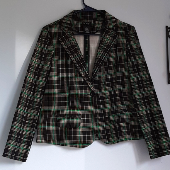 Soho Apparel Jackets & Blazers - Green, Black, & Creamy Tan Plaid Blazer